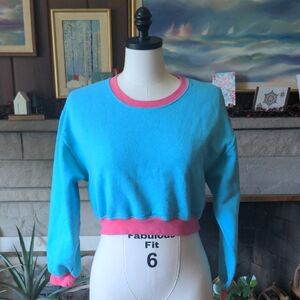 Aqua and Pink Cropped Sweatshirt, Women's Medium, Soft And Warm